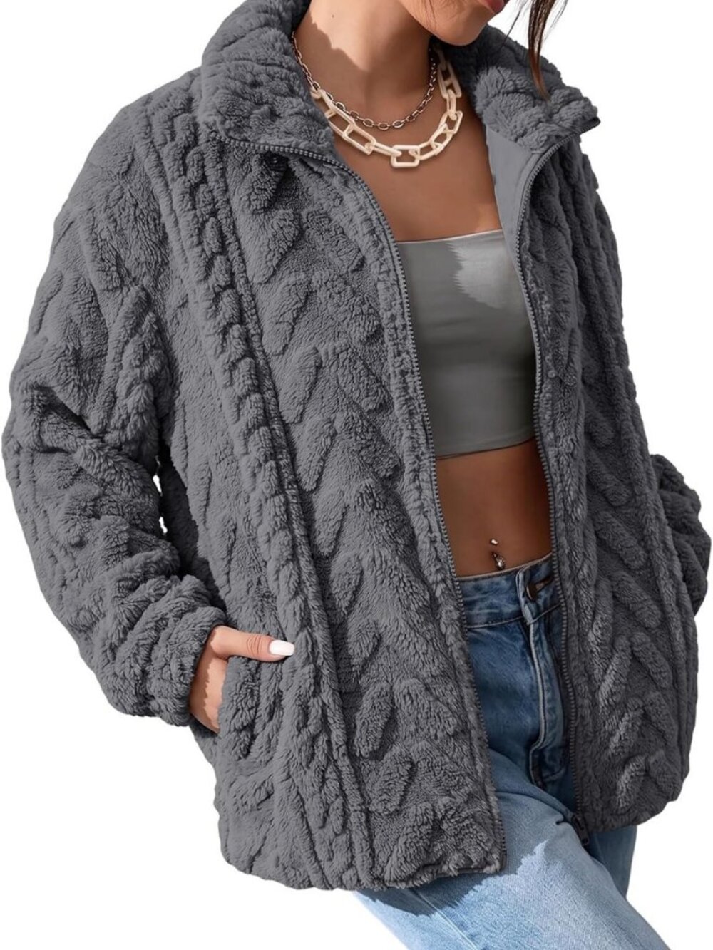 Cozy Winter Fleece Jacket for Women, Zippered Casual Coat with Pockets, 2026
